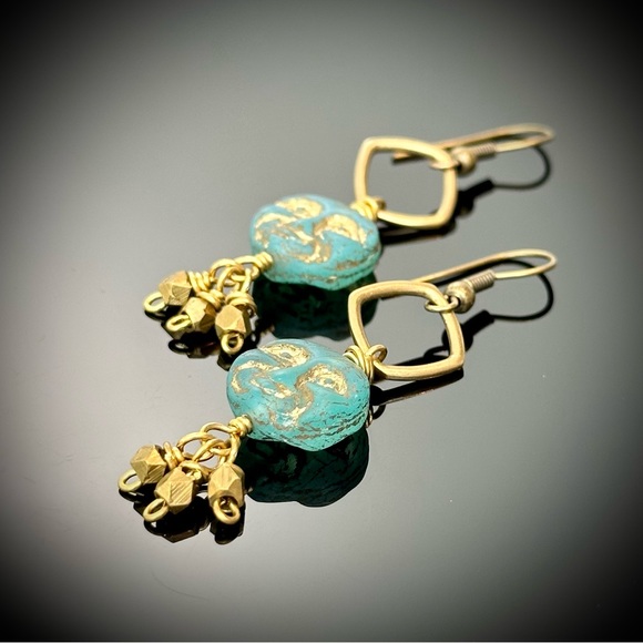 Blue Czech Glass Moon Face w/Brass Dangles, Handmade Artisan Celestial Earrings - Picture 3 of 12